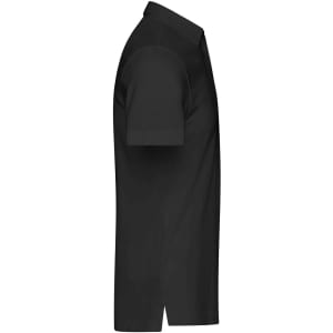 A black men's plain polo shirt displayed side-on, featuring short sleeves and a collar, with a logo on the chest.