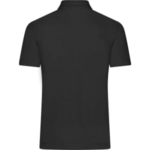 A plain black men's polo shirt featuring a collar and short sleeves, with a logo on the back.