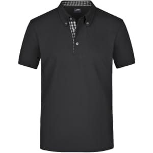 A black plain polo shirt featuring a check pattern on the inner placket and a logo. Short sleeves and a classic collar.