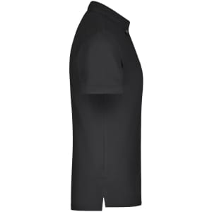 A black plain polo shirt featuring a collar and short sleeves, with a logo on the chest.