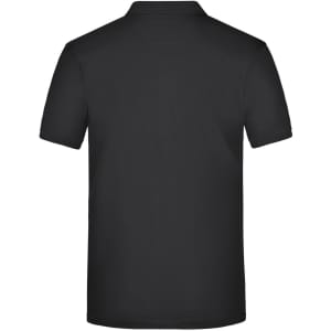 A black men's plain polo shirt featuring a classic design and a logo on the back.