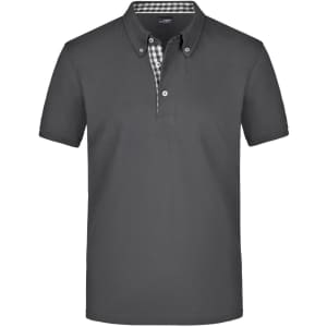 A plain grey polo shirt with a checkered pattern inside the collar and a small logo. Short sleeves.