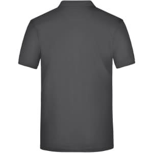 A plain grey men's polo shirt with a classic collar and short sleeves, featuring a logo on the back.