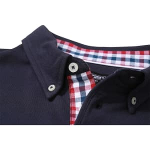 A navy men's plain polo shirt featuring a checkered inner collar with red, white, and blue patterns. It has a logo.