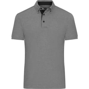 A plain grey polo shirt with a collared neck and buttons, featuring a subtle logo.