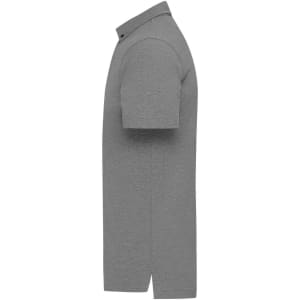 A grey men's plain polo shirt with a collar and short sleeves, featuring a branding logo.