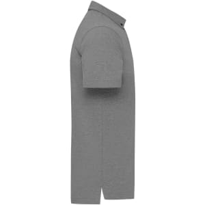 A plain grey men's polo shirt with short sleeves and a collared neckline. It features a logo on the chest.