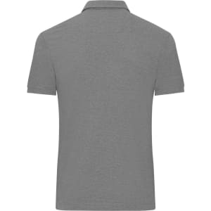 A plain grey men's polo shirt featuring a classic collar and short sleeves, with a logo on the back.