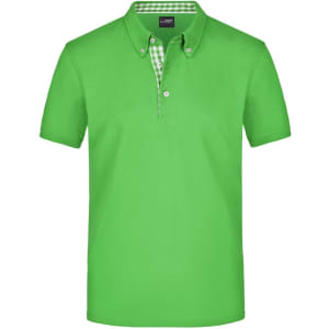 A green plain polo shirt featuring a checkered pattern under the collar and a label with branding.