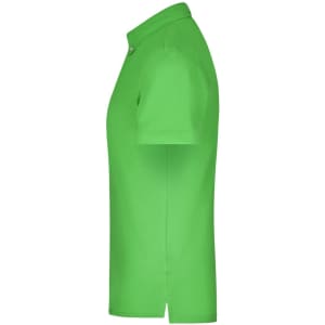 A side view of a plain green men's polo shirt featuring a collar and short sleeves. It has a small logo.