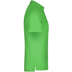 A bright green men's plain polo shirt viewed from the side, featuring a classic collar and short sleeves.