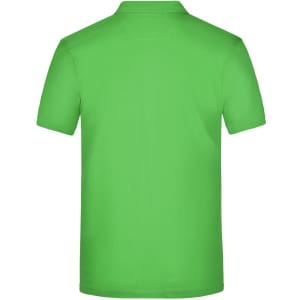 A plain green men's polo shirt with a collar and short sleeves, featuring a logo on the back.