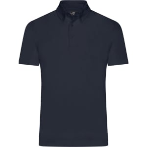 A plain navy blue polo shirt with a collar and a logo on the chest.