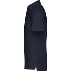 A navy blue men's plain polo shirt with short sleeves and a collar, featuring a logo on the chest.
