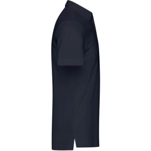 A navy plain polo shirt with a collar and short sleeves, featuring a logo on the left side.