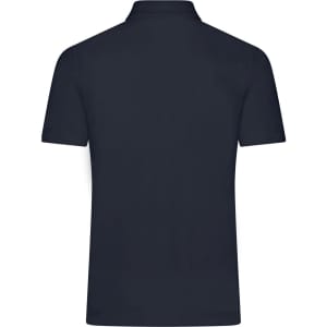 A plain navy polo shirt featuring a classic design and a back view. The shirt has a subtle branding logo.