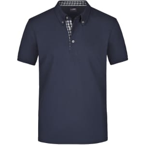 A navy blue men's polo shirt with a checkered collar, featuring a logo on the chest and short sleeves.