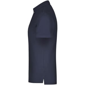 A men's plain polo shirt in navy blue with short sleeves and a collared neckline, featuring a logo on the chest.