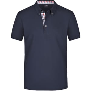 A navy blue men's polo shirt featuring a patterned collar and a branded logo. Short-sleeved design.