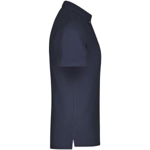 A navy blue men's plain polo shirt featuring a collar and short sleeves. The shirt has a logo on it.