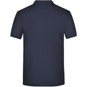 A navy blue men's plain polo shirt with a simple design and a logo on the back.