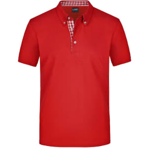 A red plain polo shirt featuring a check pattern on the collar. The shirt has a logo on the chest.