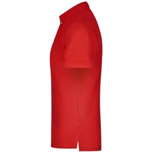 A red men's plain polo shirt featuring a collar and short sleeves, with a logo on the chest.