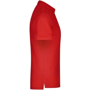 A red men's plain polo shirt featuring a classic collar and short sleeves, with a logo on the chest.
