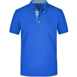 A blue plain polo shirt with a collared neckline and checkered detailing under the collar. It features a logo on the chest.