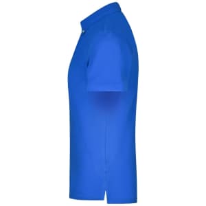 A bright blue men's plain polo shirt featuring a collar and short sleeves. It has a logo on one side.