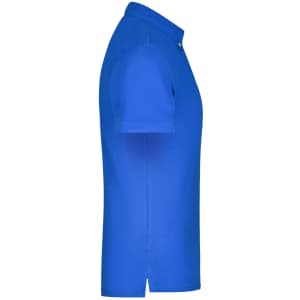 A blue men's plain polo shirt featuring short sleeves and a collar, with a small logo on the side.