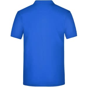 A plain blue men's polo shirt with a short sleeve and a collar, featuring a logo on the back.