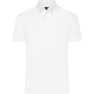 A plain white men's polo shirt with a collar and three buttons, featuring a small logo on the chest.