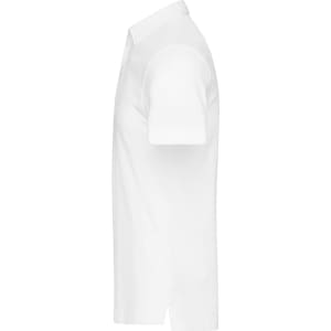 A plain white men's polo shirt with short sleeves and a collar, featuring a small logo on the chest.