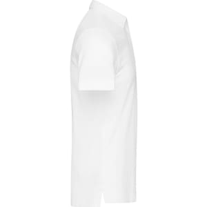A plain white men's polo shirt displayed from the side, featuring short sleeves and a collar. It has a logo on the chest.