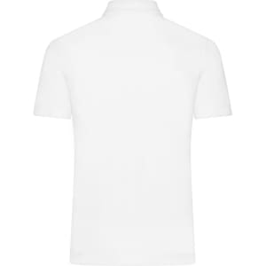 A plain white men's polo shirt, featuring a collar and short sleeves, with branding on the label.