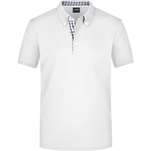 A plain white men's polo shirt featuring a checked pattern under the collar and a logo.