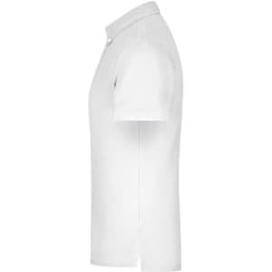 A plain white men's polo shirt with a classic collar and short sleeves, featuring a logo.