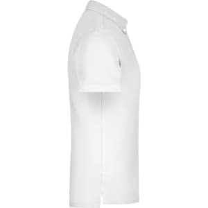 A plain white men's polo shirt displayed from the side, featuring a collar and short sleeves.