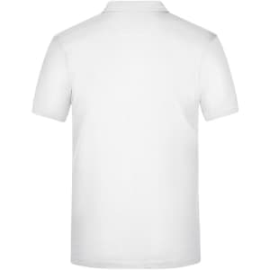 A plain white polo shirt featuring a collar and short sleeves, with a small logo on the back.