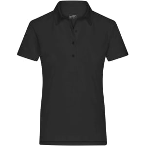 A black ladies' polo shirt featuring a collar and a button placket, with a logo on the chest.