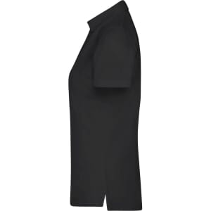 A black ladies' polo shirt featuring short sleeves and a classic collar. It has a logo on the front.