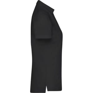 A black ladies' plain polo shirt with a short sleeve and a collar, featuring a logo.