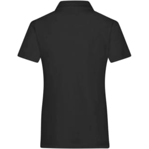A black ladies plain polo shirt featuring a classic collar and short sleeves, with a logo on the back.