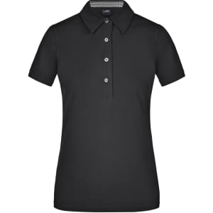 A plain black polo shirt with a collared neckline and three buttons, featuring a logo.