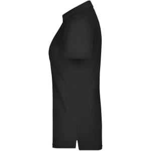 A black ladies plain polo shirt, featuring a classic collar and short sleeves, with a small logo.
