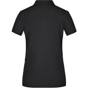 A plain black polo shirt for ladies with a classic fit. Features a collar and short sleeves. Includes a branding logo.
