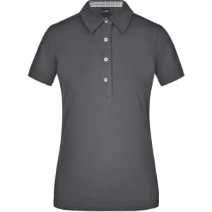 A grey ladies polo shirt with short sleeves and a collar, featuring a button placket and a logo.
