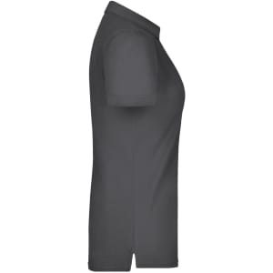 A grey ladies plain polo shirt featuring a classic collar and short sleeves, showing a side view.