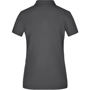 A plain grey ladies' polo shirt with a classic collar and a logo on the back.